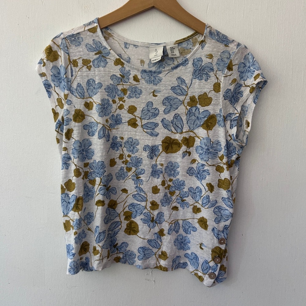 Joie Linen Floral Top Womens Medium Blue Button Hem Cottagecore Garden Party